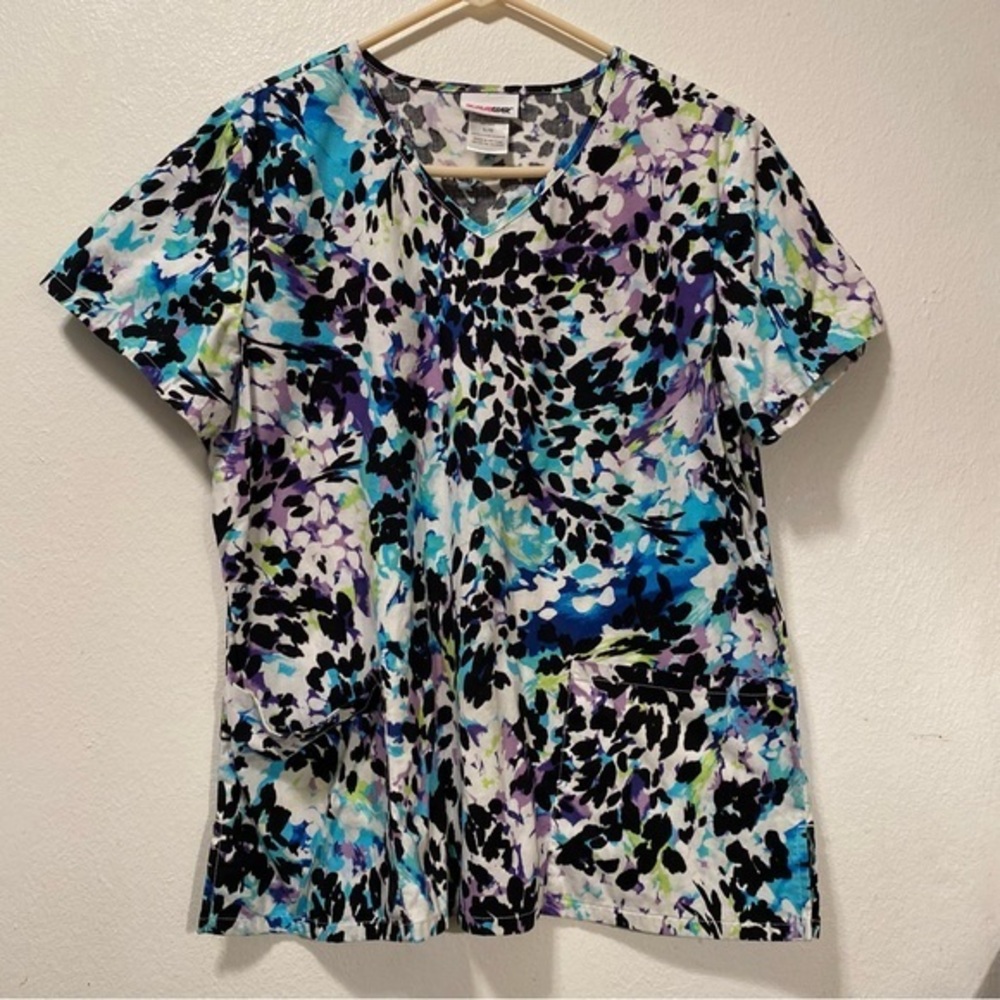 ScrubStar Top Women’s Size Large Cotton V Neck Pullover Medical Blue-Black